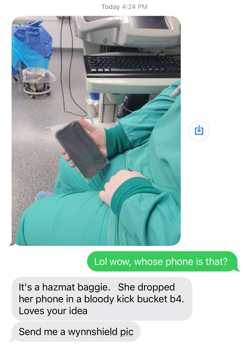 Text message: a nurse's phone in a makeshift hazmat bag in the operating room
